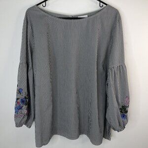 Liz Claiborne Womens Blouse Plus Size XXL Embroidered Sleeves Gray White Striped